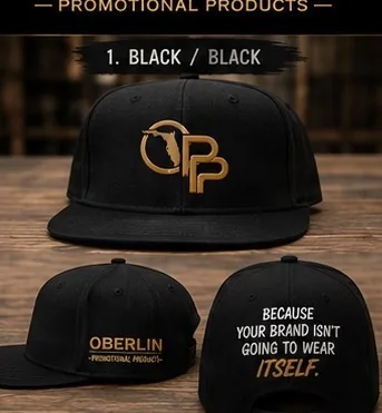 Black flat bill snapback hat with custom logo
