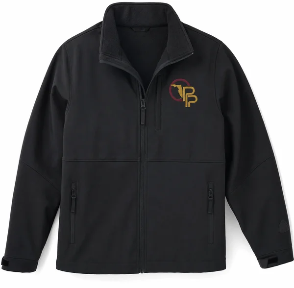 Black Softshell Jacket, Grey Work Pants, Black Trucker Hat combo with custom embroidered Oberlin logo — HVAC - Premium Uniform Program, Oberlin Promotional Products