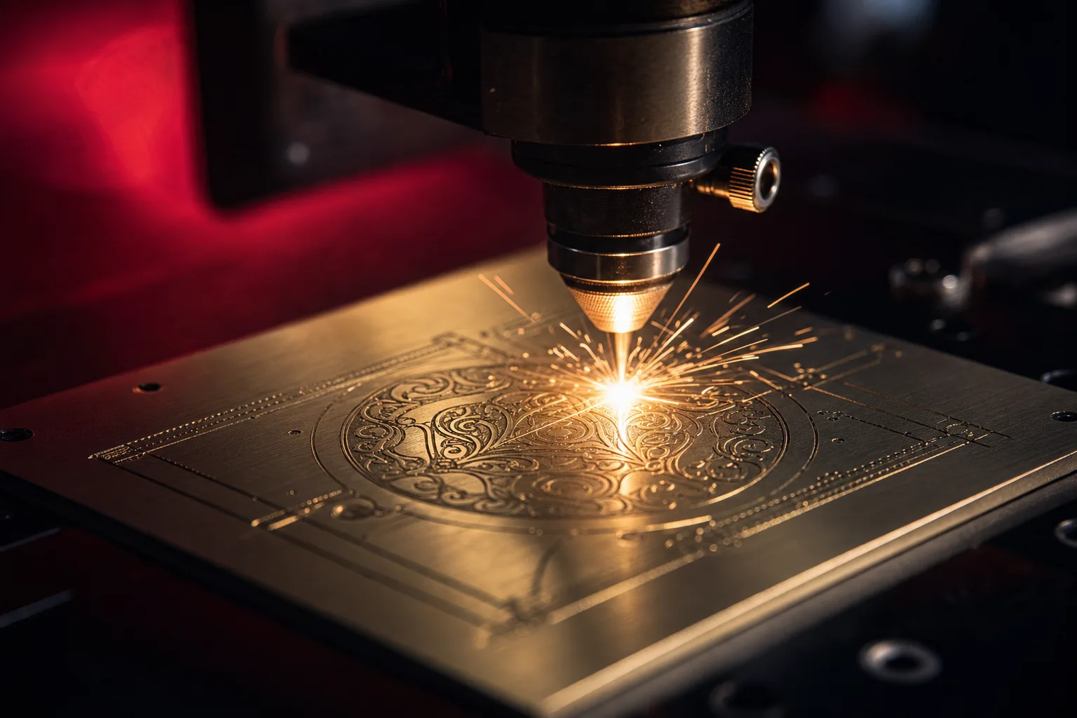 Laser engraving tool cutting precise detail into a brass metal plate with sparks