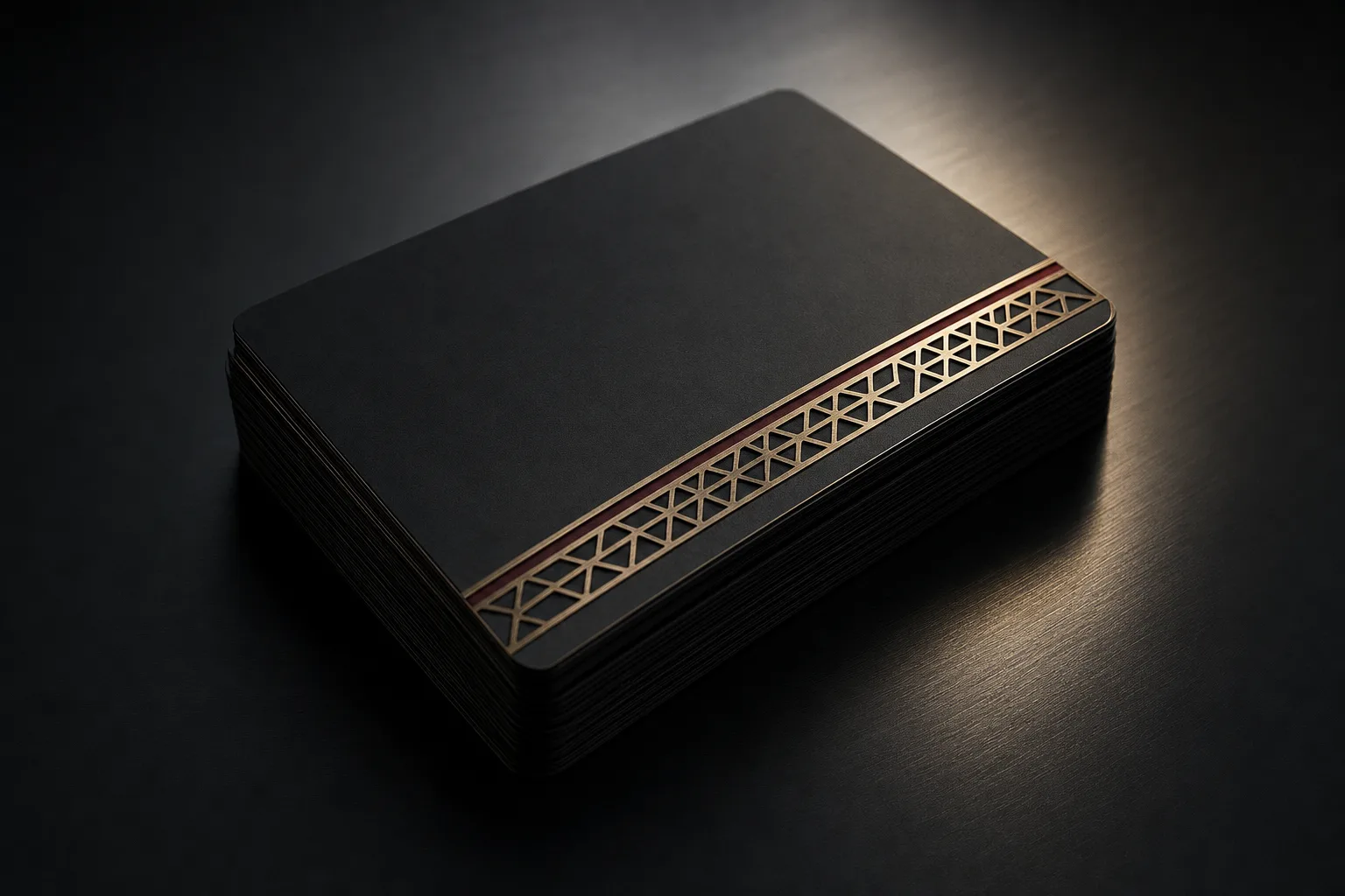 Stack of matte black engraved metal business cards with brass-gold edge detailing on a dark brushed steel surface